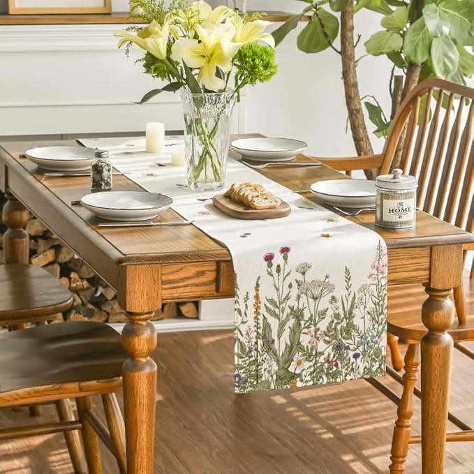 Artoid Mode Antique Herbs and Wild Flowers Summer Table Runner, Spring Fall Kitchen Dining Table Decoration for Home Party 13x108 Inch