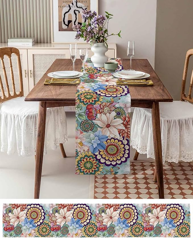 Boho Flowers Cotton Linen Table Runner for Dining Kitchen, Wedding Outdoor Party Tablerunners Decoration, Colorful Floral Farm Vintage Botanical Dresser Scarf Coffee Tablecloth Runners 13x72 Inches