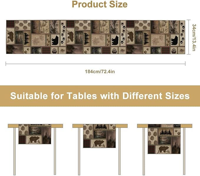 Retro Rusticd Cabin Table Runner Bear Country Farmhouse Vintage Lodge Table Runner for Party Dinner Festival Bedroom Living Room Kitchen 13x70 Inch