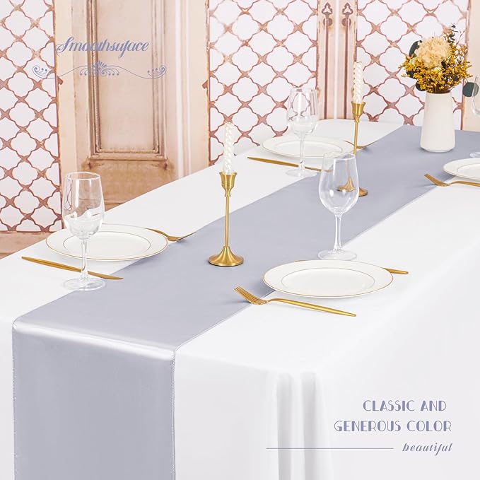 12 Pack Silver Satin Table Runner,12 x 108 inch Long Premium Smooth Table Runner for Wedding, Banquets, Birthday, Party, Graduation, Engagements, Table Runners fit Rectangle and Round Table