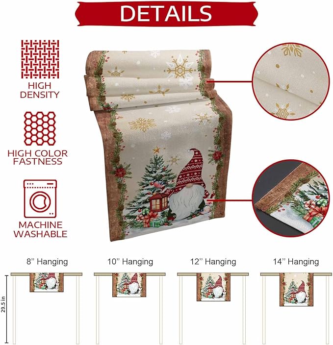 Christmas Gnomes Cotton Linen Table Runner for Dining Kitchen, Xmas Pine Tree Snowflake Rustic Wedding Outdoor Party Tablerunners Decoration, Retro Wood Dresser Scarf Tablecloth Runners 13x60 Inches