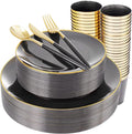 Supernal 180pcs Black Plastic Dinnerware Set Include Gold and Black Plates,Clear Disposable Plates,Gold Plastic Silverware，Clear Cups Suit for Party, Birthday
