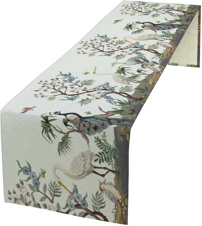 Peacock Table Runner,Retro Chinese Peonies Flowers Peacock Table Runner for Home Kitchen Dining Party Indoor Outdoor Decoration 13x120 Inch