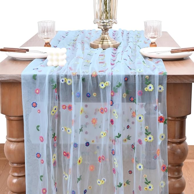 Joanlody 3pcs Blue Embroidery Daisy Fall Thanksgiving Table Runner Florals Seasonal Tulle Table Runner Holiday Kitchen Dining Table Decoration Wedding Party