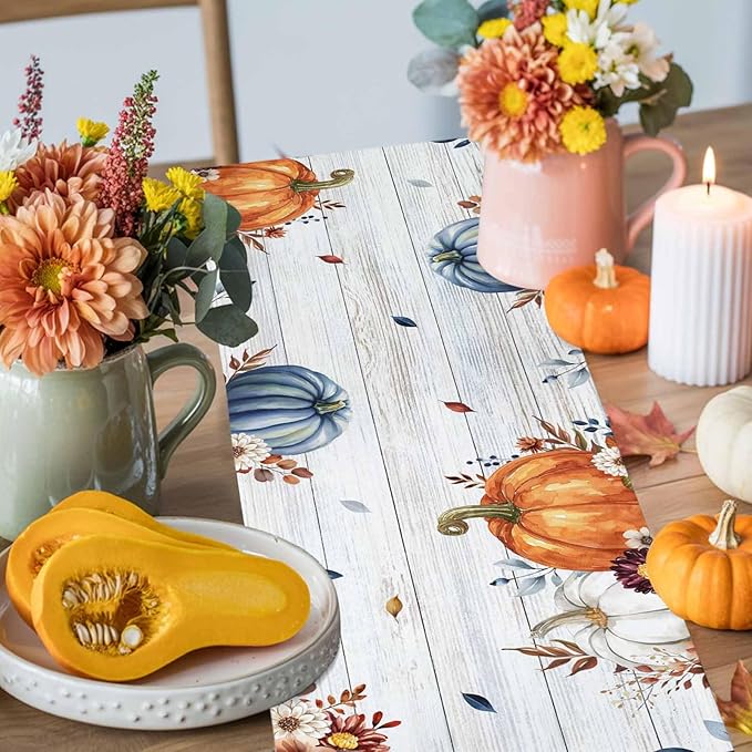 Thanksgiving Fall Cotton Linen Table Runner for Dining Kitchen, Pumpkins Eucalyptus Wedding Outdoor Party Tablerunners Decoration, Farmhouse Wooden Dresser Scarf Coffee Tablecloth Runners 13x48 Inches