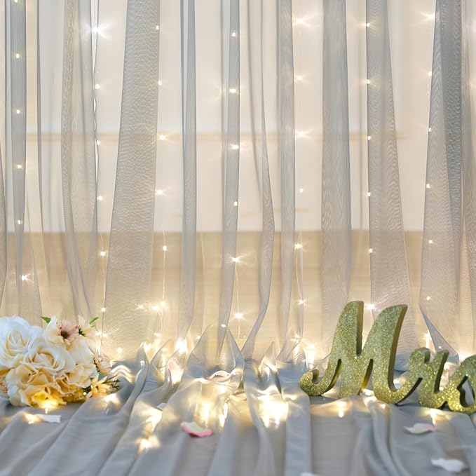 Silver Grey Tulle Backdrop Curtain with Lights String for Parites 10x10ft Sheer Backdrop Curtains for Birthday Party Bridal Shower Baby Shower Wedding Ceremony Prom Photo Booth Background Decorations
