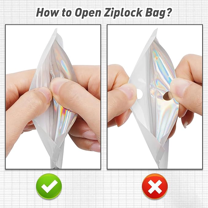 Funfery 100 Pack Gradient Holographic Bags,Resealable Bags with Zipper,Clear Window Packaging Pouchs,Foil Bag for Food Storage,Small Business,Sample Jewelry Bag(4.7×7In,White Black)