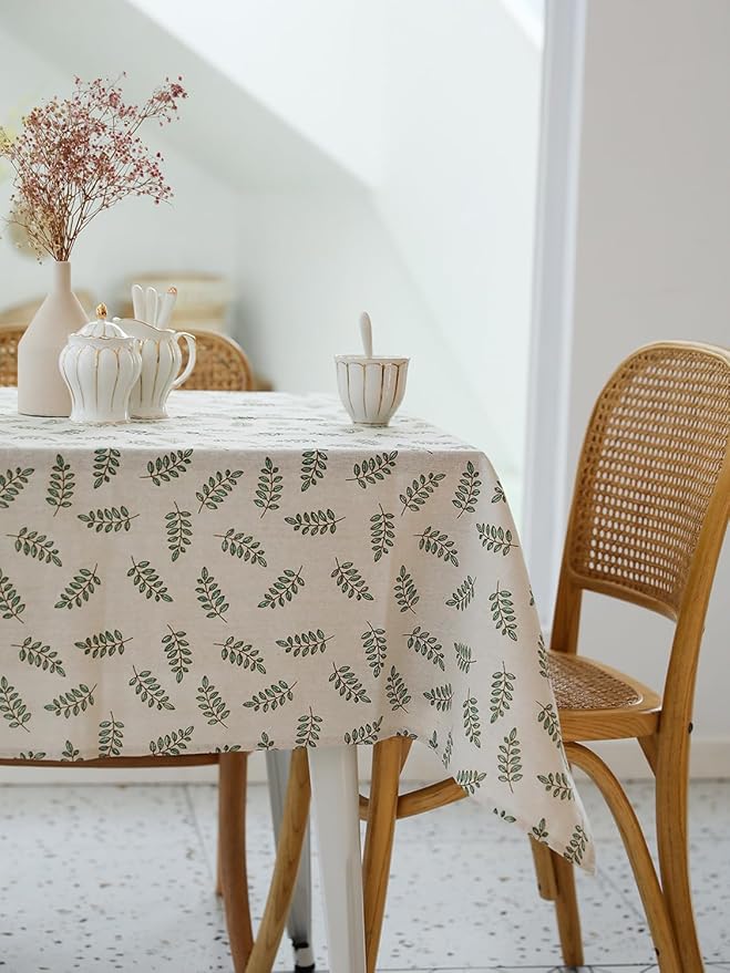 YiHomer Pastoral Rectangle Tablecloth - 52 x 70 Inch - Beige Linen Table Cloth - Washable Table Cover with Wrinkle Resistant for Restaurant, Picnic, Bistro, Indoor and Outdoor Dining, Green Leaf