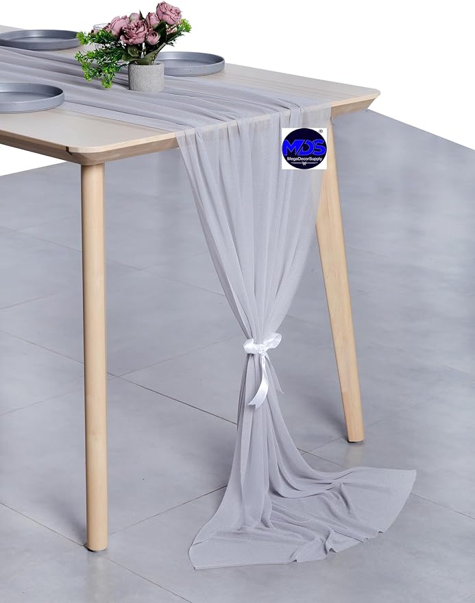 MDS Halloween Chiffon Table Runner - 10 Pack, 29 x 170 Inches, 14ft Each - Sheer Spooky Table Runners for Haunted House Parties, Trick-or-Treat Tables, Witchy Décor, Wedding & Events - Cool Gray