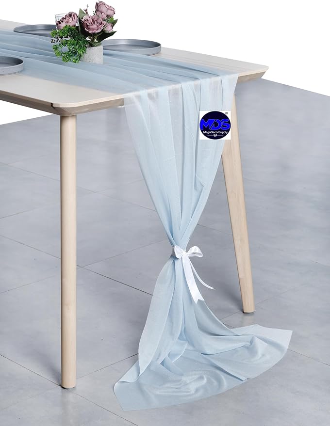 MDS 15 Pack 10ft Chiffon Table Runner 29 x 120 Inches Sheer Wedding Runner Romantic Rustic Table Runner for Wedding Decorations, Birthday Parties, Bridal Shower Party Arch Decor - Baby Blue