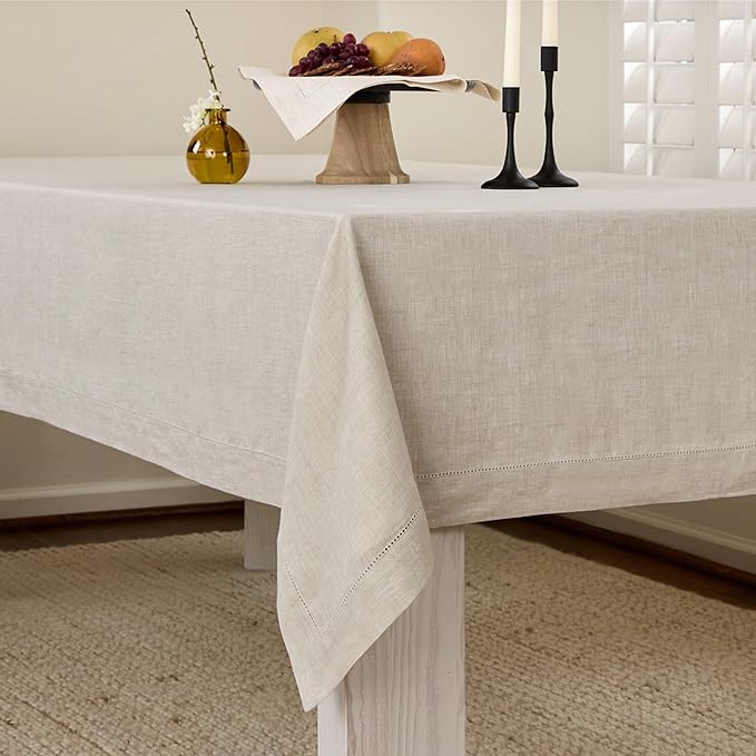 Solino Home Light Natural Linen Tablecloth 60 x 108 Inch - Classic Hemstitch, 100% Pure Linen Rectangular Tablecloth - Machine Washable Table Cloth for Fall, Autumn, Thanksgiving, Christmas, Holiday