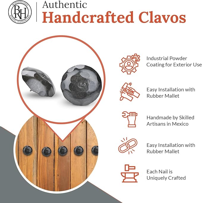 10 Pack 2" Round Head Iron Clavos Decorative Nails – Sealed Unfinished – Handmade Rustic Round Fasteners for Farmhouse Shutters, Faux Wood, Barn Doors, Shutters, Gates – Ornamental Wood Accent