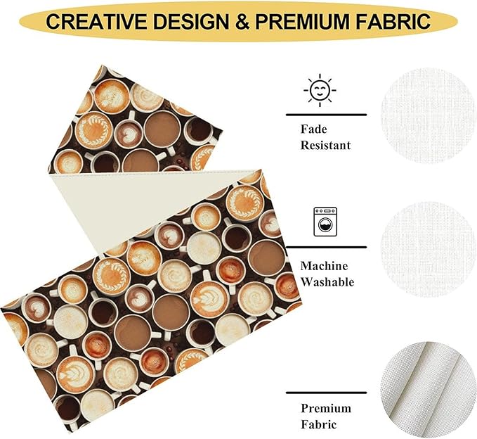 Coffee Theme Table Runner, Farmhouse Coffee Cup Latte Cappuccino Tea Party Rustic Cafe Table Center Decor for Home Kitchen Dining Patio Holiday Party Indoor Outdoor Table Decorations,13"x108" Inch