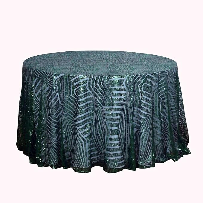 Efavormart 120" Hunter Emerald Green Sparkly Sequin Geometric Tulle Round Tablecloth