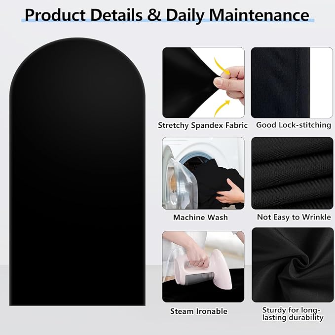 Hemmotop 6.6 ft Black Spandex Arch Cover (No Arch Stand), Spandex Arch Covers Stretchy Backdrop, Balloon Arched Cover 2-Sided, Arches for Backdrop for Wedding, Baby Shower Party Decoration