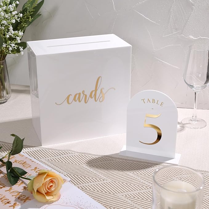 UNIQOOO White Arch Wedding Table Numbers with Stands 1-20, Gold Foil Printed 5x7 Double sided Acrylic Signs and Holders, Perfect for Centerpiece, Reception, Decoration, Party, Anniversary, Event