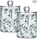 Qtip Holder Dispenser 2 Pack Green Watercolor Floral Leaves Apothecary Jars with Lids Bathroom Vanity Countertop Canister Storage Organizer for Cotton Ball,Swabs,Pads,Floss