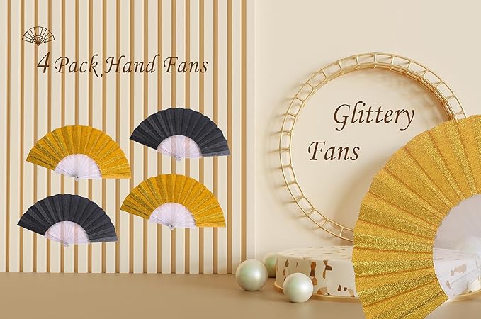 HUNANBANG Glitter Folding Hand Fan for Men Women Acrylic Folding Clack Hand Fan for Music Disco Rave Festival Party Supplies (Glitter blk2gd2)