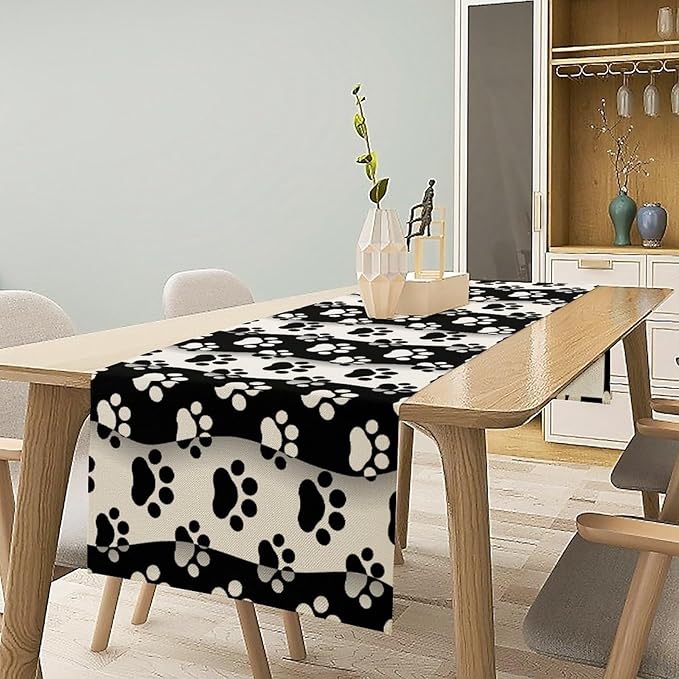 Dog Paw Table Runner,Kid Cute Animal Footprint Black White Theme Design Print Tablecloth Burlap for Hotel Indoors Outdoor Dining Room Kitchen Home Decor,W13X L70 in