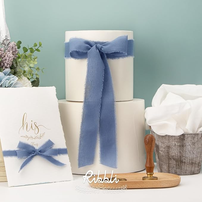 Ribbli 3 Rolls Dusty Blue Ribbon 5/8 Inch x 18Yards Handmade Cotton Frayed Fringe Ribbons for Gift Wrapping Wedding Invites Bridal Bouquets Baby Shower DIY Crafts Home Decor