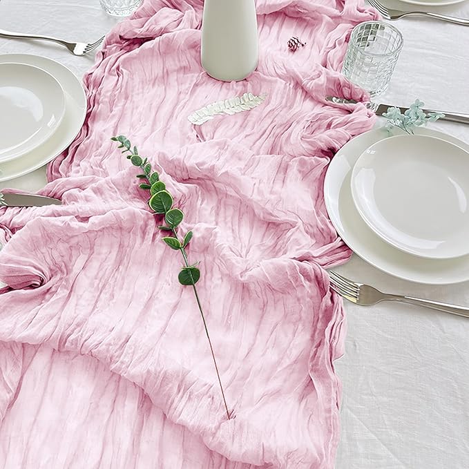 12 Pack Cheesecloth Table Runner 10Ft Christmas Gauze Boho Table Runners for Wedding Decor Bridal Shower Decorations Baby Shower Party(35" x 120")(Blushing Pink)