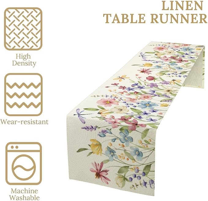Watercolor Floral Table Runner, Colorful Spring Summer Nature Flower Dragonfly Pattern Print Table Runner for Kitchen Dinning Table Runner Decor Home Wedding Party Holiday, 13x120 Inch