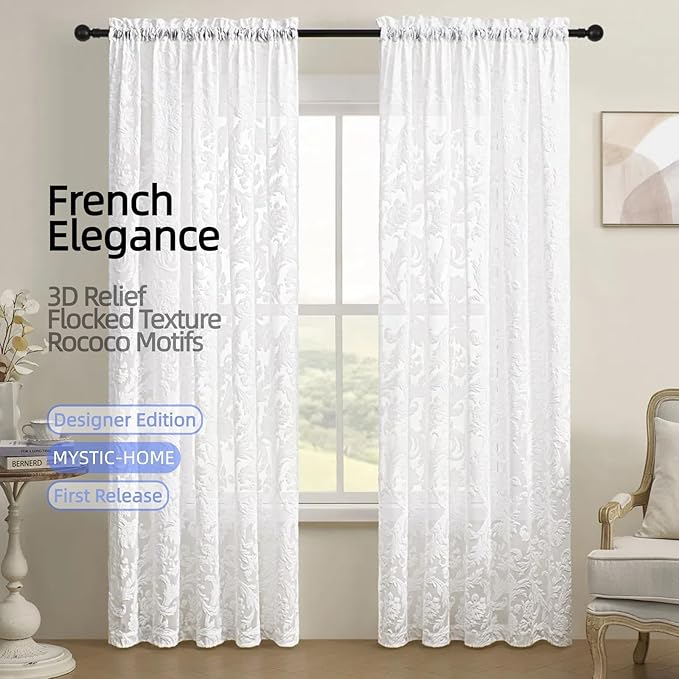 Sheer White Curtains for Bedroom Living Room Boho 63 Inches Rod Pocket Farmhouse Drapes with Floral Patterned Vintage 3D Flocked Texture & Rococo Motifs Window Curtains Set of 2 Panels, 52"W*63"L
