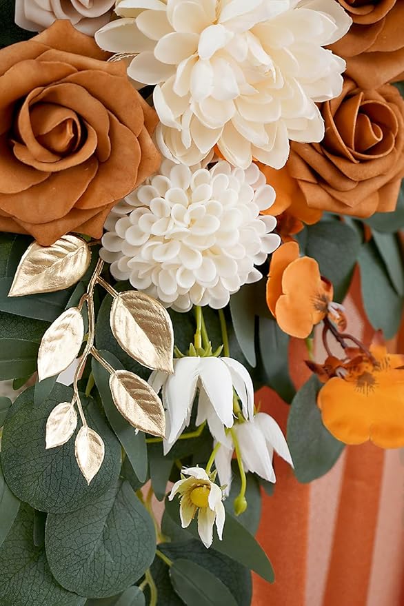 Burnt Orange Artificial Wedding Arch Flowers Kit (Pack of 3) with 26Ft Terracotta Shiny Arch Draping Fabric for DIY Wedding Party Ceremony Reception Backdrop Floral Decoration