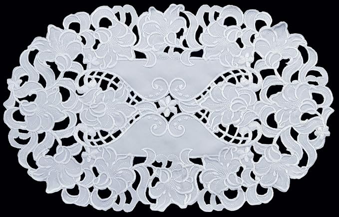 Creative Linens 4PCS Embroidered Floral Placemats 11x17 Oval White, Set of 4 Pieces