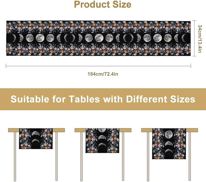 Boho Floral Moon Table Runner, Spring Flower Leaves Mystical Gothic Sun Moon Table Runner for Kitchen Dining Table Home Party,13x60 Inch Purple