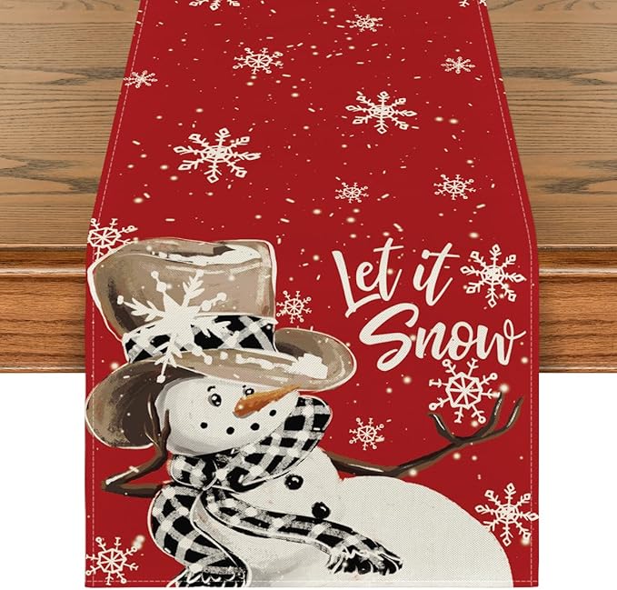 Artoid Mode Red Snowman Snowflake Let it Snow Winter Table Runner, Seasonal Christmas Kitchen Dining Table Decoration for Home Party Decor 13x48 Inch
