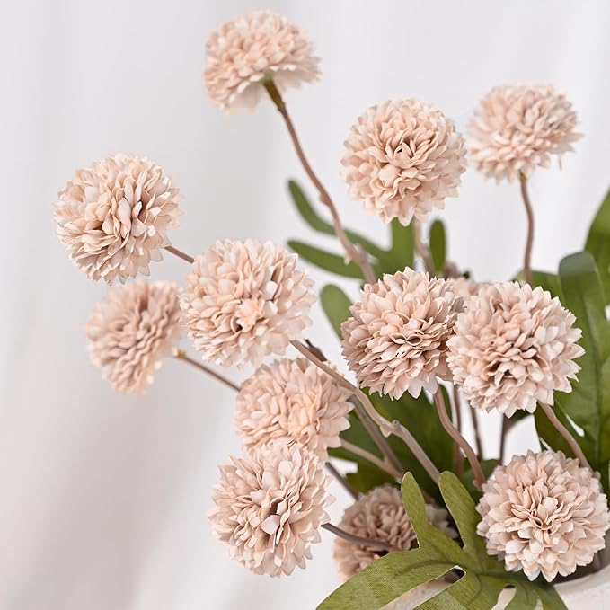 Waipfaru 10pcs Fake Silk Pompon Mum Artificial Flowers, Bulk Faux Mini Chrysanthemums with 2pcs Eucalyptus Stems, for Centerpieces Wedding Fillers Champagne Arrangements Boho Decor, No vase, Beige