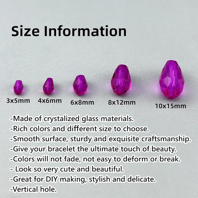 200pcs 3x5mm Teardrop Crystal Glass Beads for Jewelry Making, Faceted Vertical Hole Teardrop Glass Spacer Beads for Wind Chimes Bracelet Earring Necklace DIY Craft(Rose Red)