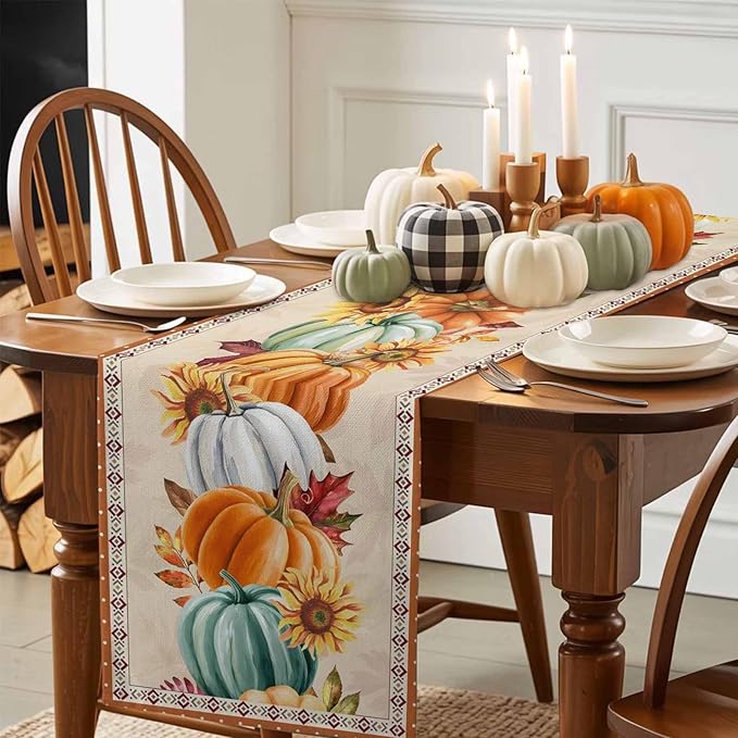 Fall Thanksgiving Southwest Cotton Linen Table Runner for Dining Kitchen, Orange Pumpkins Wedding Outdoor Party Rustic Tablerunners Decoration, Sunflower Dresser Scarf Tablecloth Runners 13x90 Inches