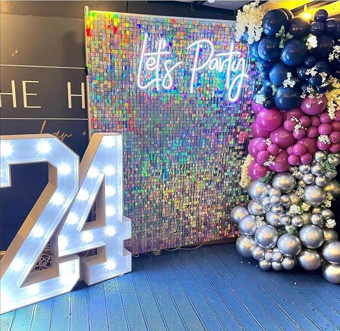 Qcity Iridescent Silver Shimmer Wall Backdrop 36PCS, Black Back Not See-Through Design, Square Sequin Glitter Backdrop Panel, Perfect for Outdoor Events, Birthdays, Wedding and Party Decoration