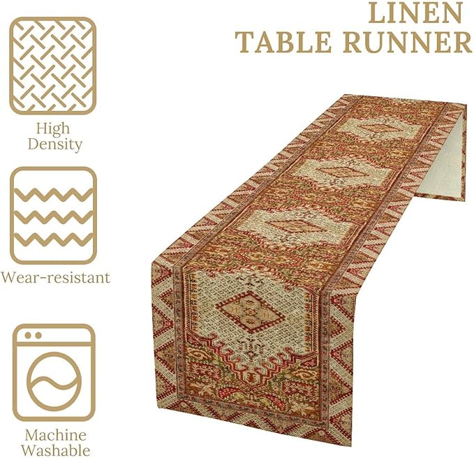 Boho Bohemia Style Orange Table Runner, Country Rustic Farmhouse Magical Abstract Print Pattern for Home Kitchen Table Decor Dining Coffee Room Garden Party Decor 13x120in