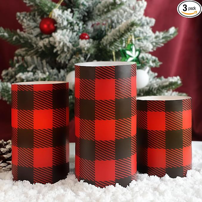 Silverstro Christmas Red Flameless Candles: Farmhouse Theme Flickering Real Wax Buffalo Check Decorative Candles with Remote - Home Party Bathroom Room Christmas Decorations - Set of 3