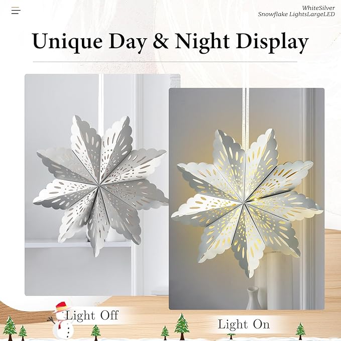 5 Pcs Christmas Paper Snowflake Lanterns, Large 3D Christmas Paper Star Lanterns with LED Lights, White Silver Hanging Snowflake Lamps for Xmas Winter Frozen Weddings Holiday Party Decorations