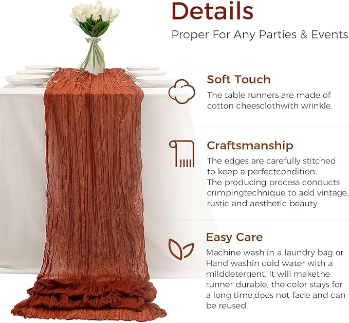 12Pcs Terracotta Cheesecloth Table Runner 120 Inch10FT Terracotta Color Rustic Boho Cheesecloth Table Runnerfor Wedding Party Baby Shower Birthday Home Decor Holiday Decorations