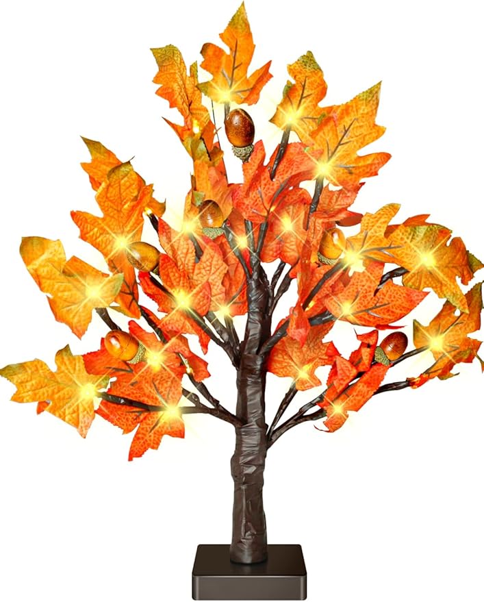 18 Inch Fall Lighted Maple Tree with 36 LEDs, 6 Acorns, Timer Battery Operated Tabletop Artificial Tree for Autumn Thanksgiving Halloween Christmas Harvest Indoor Decorations