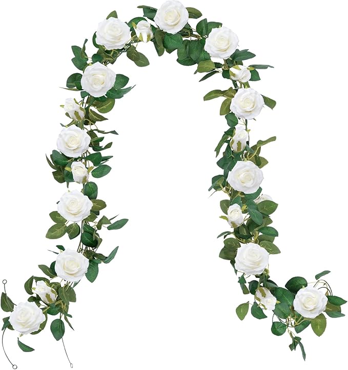 U'Artlines 3 Pack Artificial White Rose Vines Floral Garlands Total 19.5 Ft Fake Vine Silk Flower Garland for Indoor Outdoor Home Wedding Arch Garden Wall Decoration