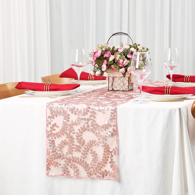 Sequin Table Runners 5 Pieces Rose Gold Flower Table Runners 12x72 Inch Glitter Dining Table Cover for Party Wedding Birthday Reception Banquet Decoration Spring Party Chair Sashes