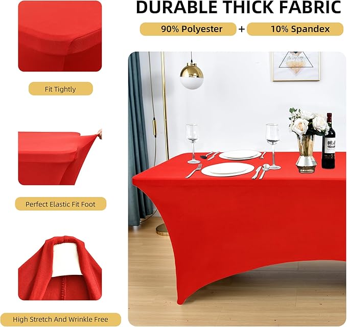 2-Pack 4ft Red Spandex Table Covers for Rectangular Folding Tables - Wrinkle Resistant Stretch Tight Table Cloths - Ultimate Fitted Table Protector for Parties, Banquet, and Wedding