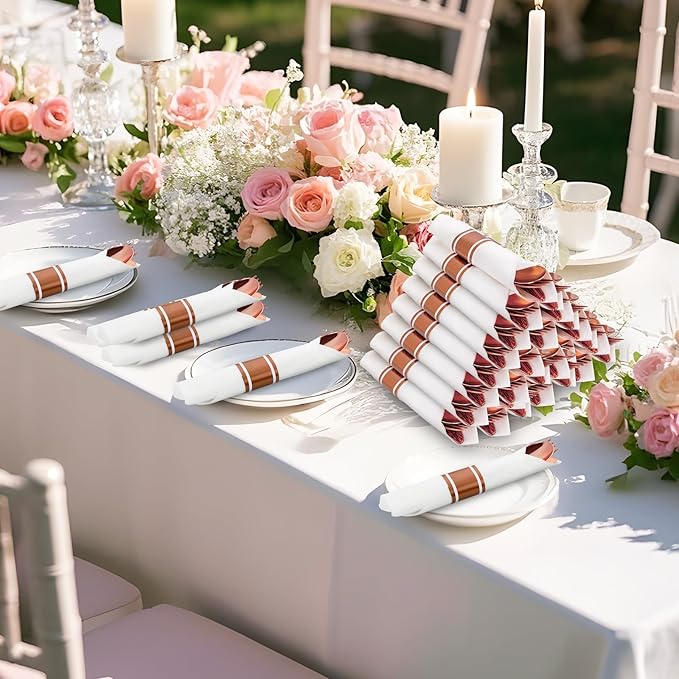 400PCS Pre Rolled Rose Gold Plastic Silverware Sets - Heavy Duty Rose Gold Cutlery - Include 100 Pack Wrapped Disposable Utensils with Napkins for Parties & Dinners & Weddings