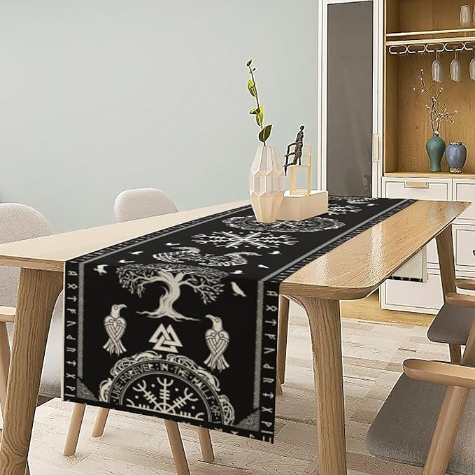 Ancient Abstract Pattern Table Runner, Tree of Life Eagle Dragon Boat Rudder Black and White Table Runner for Party Kitchen Dinner Cafe Bedroom Living Room Table Runner 13x90 Inch