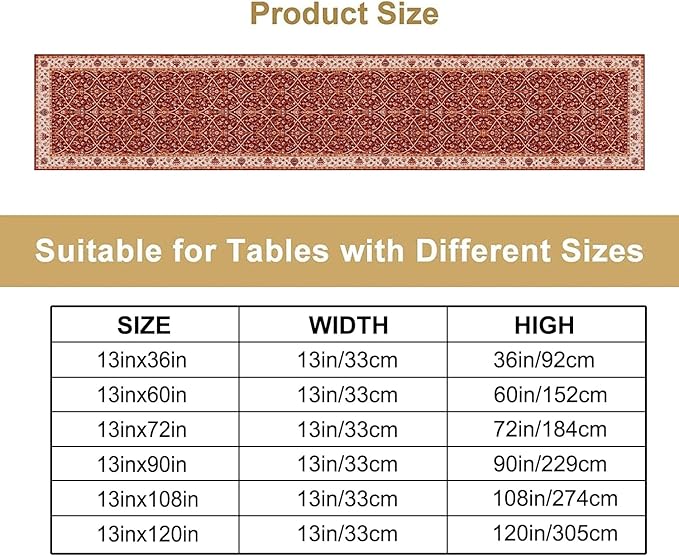 Boho Floral Vintage Table Runner, Red Retro Flower Rustic Country Farmhouse Abstract Pattern for Home Kitchen Table Decor Dining Coffee Room Party Decor 13x108in