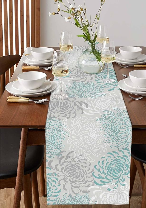 Auqa Chrysanthemum Cotton Linen Table Runner for Dining Kitchen, Wedding Outdoor Party Tablerunners Decoration, Farmhouse Floral Botanical Leaves Dresser Scarf Coffee Tablecloth Runners 13x48 Inches