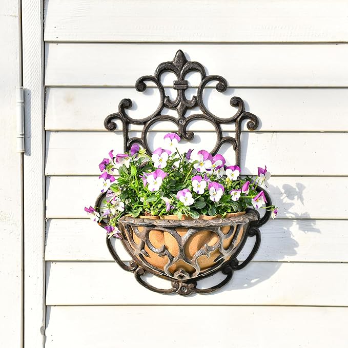 Sungmor 2 Pack Wall Hanging Planter Basket with Fabric Liner, Antique Victoria Style Cast Iron Wall Planter Holder, Outdoor Railing Fence Balcony Metal Hanging Basket Half Round Flower Pots