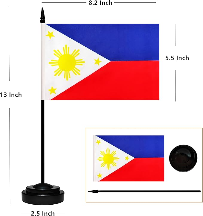 12 Pack Philippine Desk Flags Set, Philippine Small Mini Table Office Flags with 12" Solid Black Pole, 8.2 x 5.5 Inches, Home and Office Decoration, Festival Celebrations