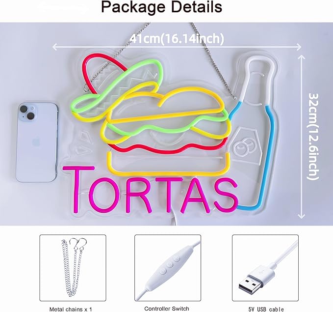 CNBEYOUNG Tortas Neon Sign, Neon Lights Hanging Wall Art Decoration for Mexican Restaurants Shop Bar Food Truck Kitchen Party Home Decor, USB - Driven, Super Bright & Adjustable,16.54x 12.6inches